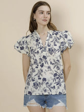 Load image into Gallery viewer, A & She Puff Sleeve Split Neck Top Botanical Print Cotton Blouse