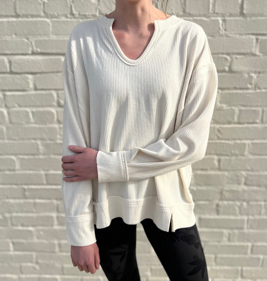 Blu Pepper Raw Edge Split Neck And Hem Rib Knit Top Cream