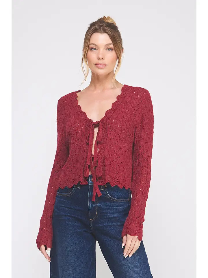 ALLIE ROSE POINTELLE TIE CARDIGAN W SCALLOP EDGE