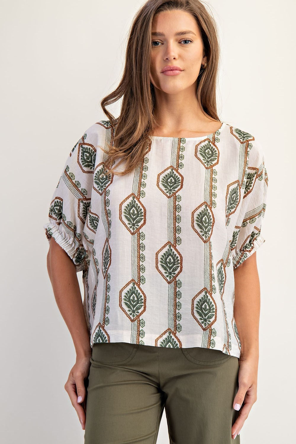 EE:SOME Geometric Floral Printed Elastic Cuff Blouse
