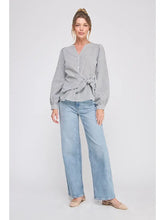 Load image into Gallery viewer, ALLIE ROSE STRIPED COTTON BLEND SIDE WRAP-TIE BUTTON UP
