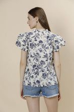 Load image into Gallery viewer, A &amp; She Puff Sleeve Split Neck Top Botanical Print Cotton Blouse

