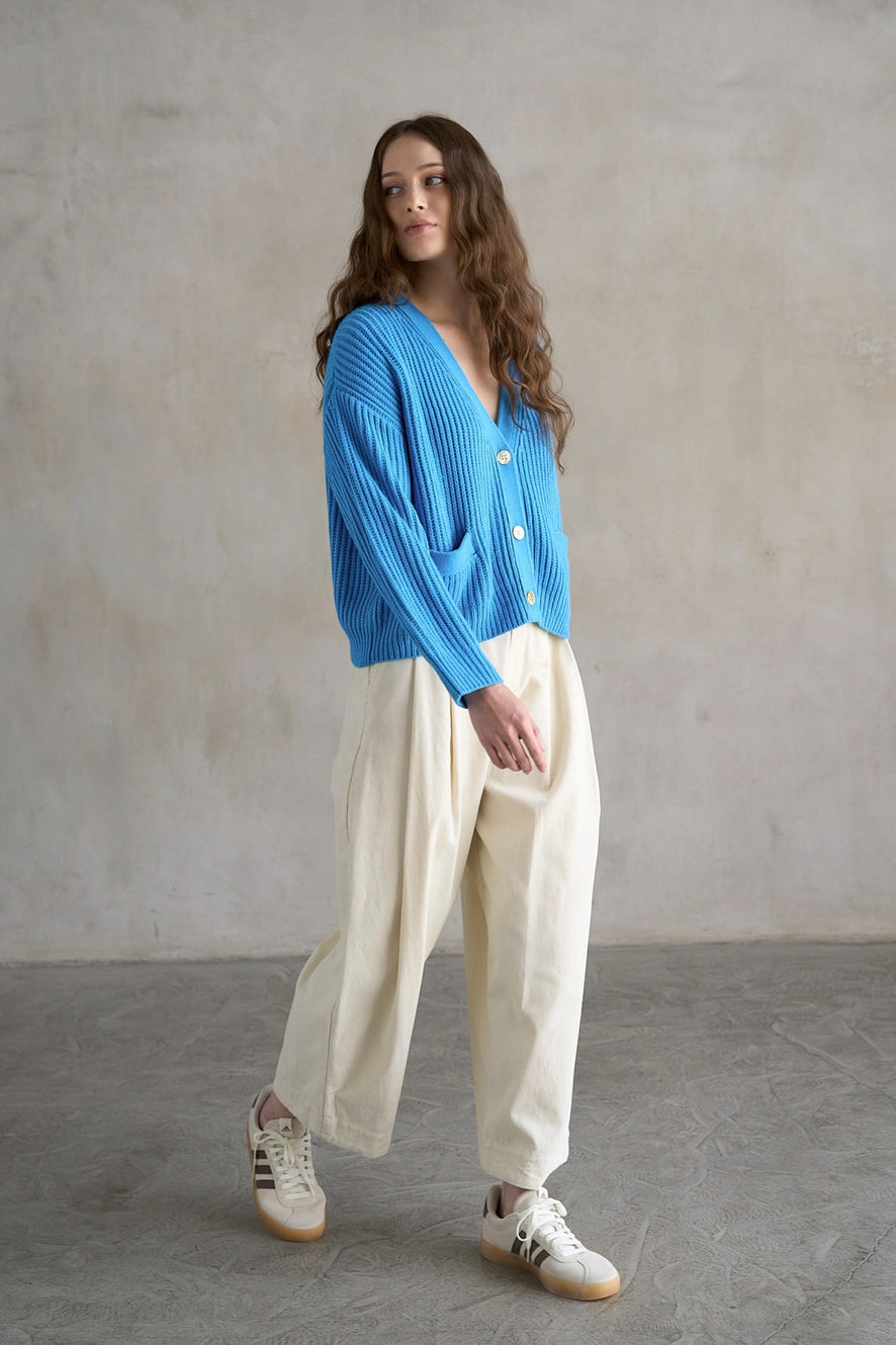 Elle Grey Chunky Ribbed Cardigan with V-Neck