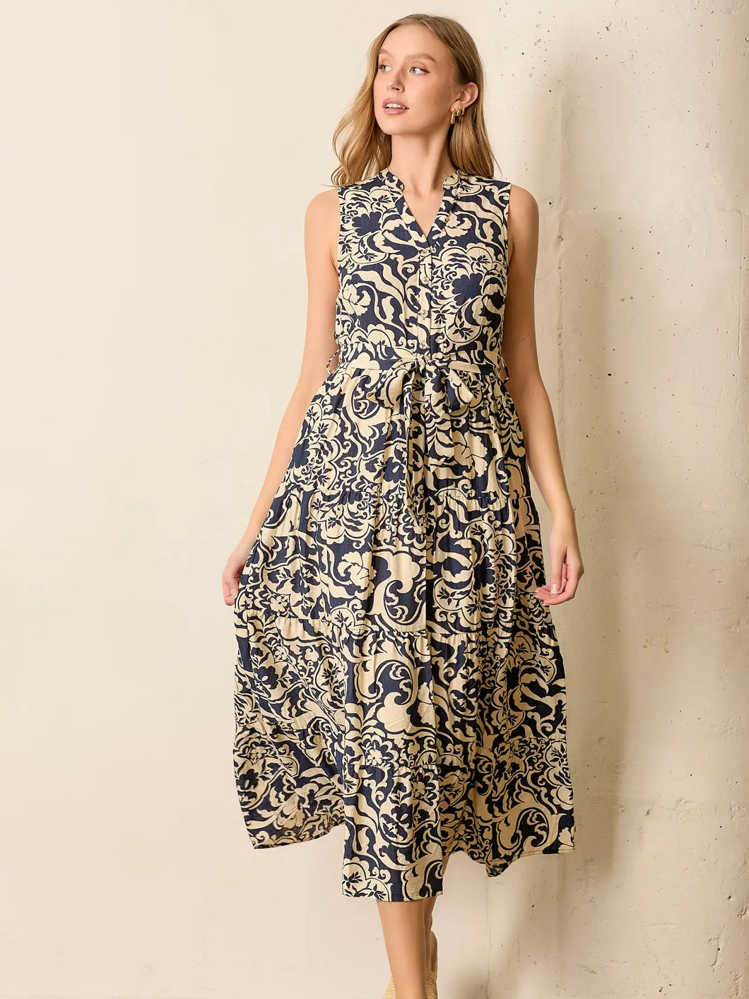 Polagram Flower Sleveless Collared Midi Dress