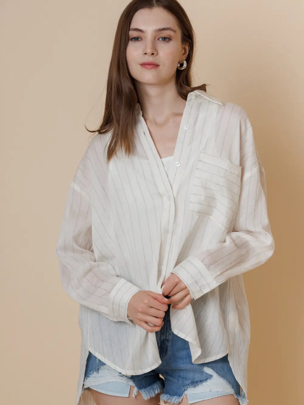 A & She Relaxed Fit Striped Shirt with Open Back and Front Pocket