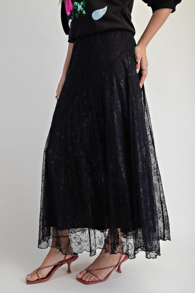 EASEL  ALL OVER LACE SKATER MAXI SKIRT
