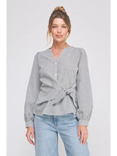 Load image into Gallery viewer, ALLIE ROSE STRIPED COTTON BLEND SIDE WRAP-TIE BUTTON UP
