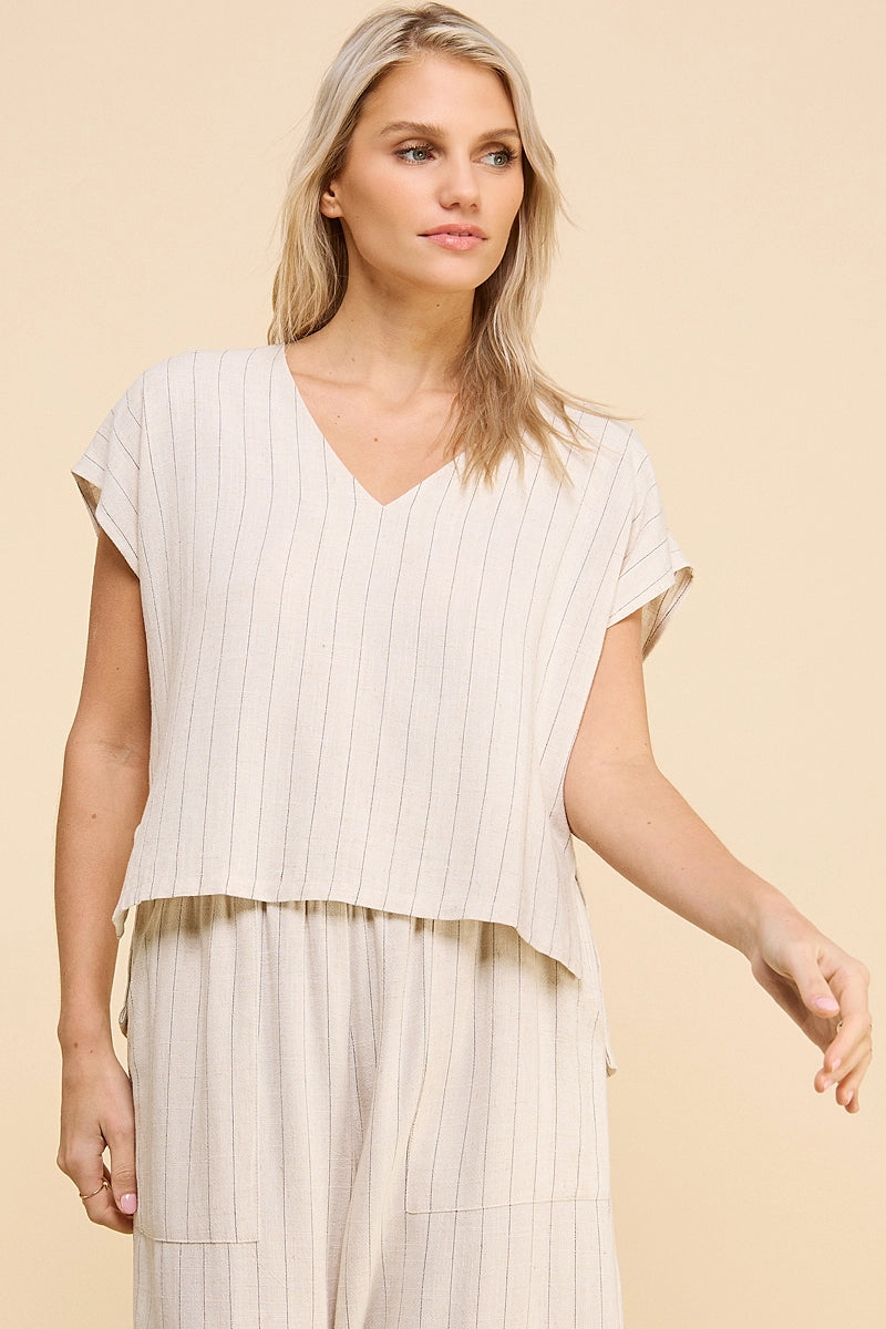 Allie Rose Pinstripe V-Neck High-Low Top