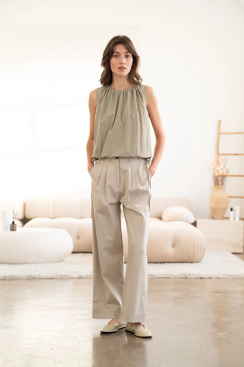 Elle Grey Shirred Neck Detailed Double-Tie Top