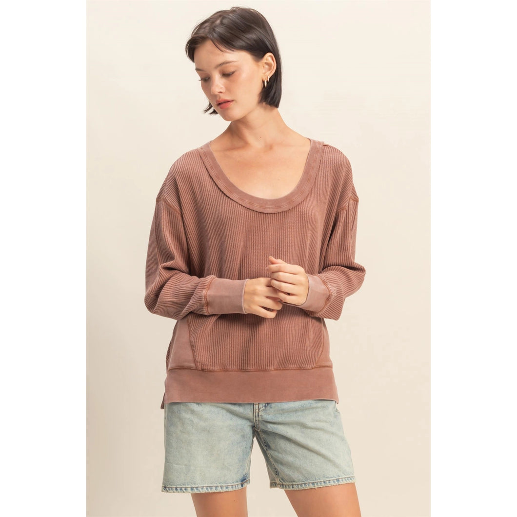 Hyfve Scoop Neck Waffle Mineral Washed Long Sleeve Top