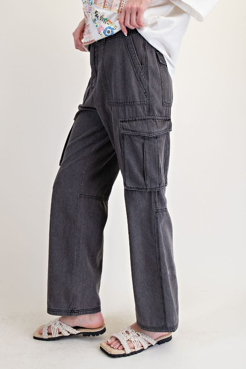 EASEL WIDE LEG WASHED DENIM CARGO PANTS