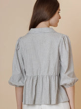 Load image into Gallery viewer, A &amp; She Plaid 3/4 Sleeve Peplum Blouse – Sailor Collar Button Top
