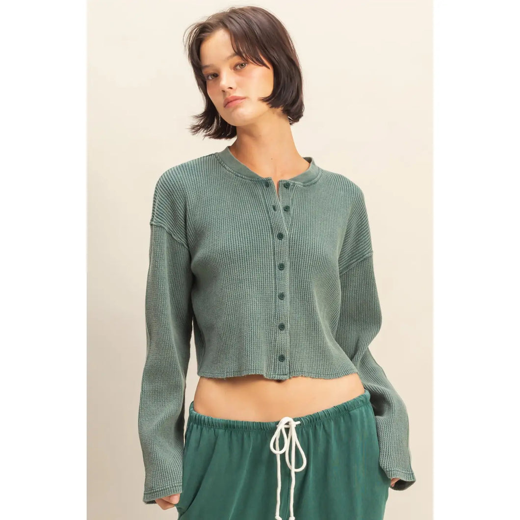 Hyfve Waffle Long Sleeve Buttoned Crop Top