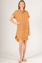 Load image into Gallery viewer, BEFORE YOU MINERAL WASHED GAUZE FRAYED EDGE BUTTON UP SHIRT DRESS CARAMEL
