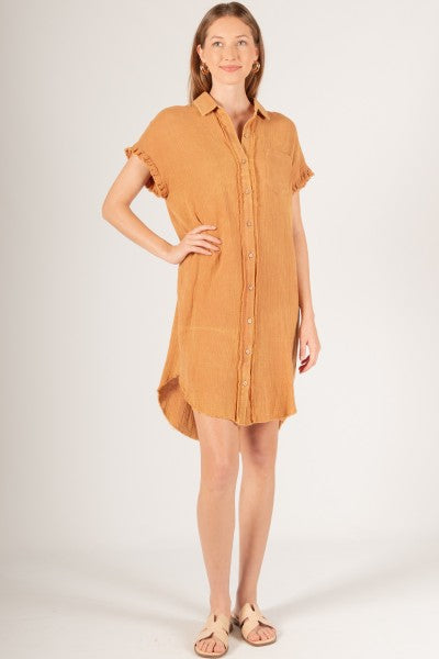 BEFORE YOU MINERAL WASHED GAUZE FRAYED EDGE BUTTON UP SHIRT DRESS CARAMEL