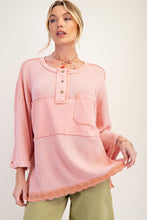 Load image into Gallery viewer, Easel Lace Hem Mineral Washed Thermal Knit Henely Top
