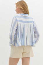 Load image into Gallery viewer, ENTRO BLUE AND WHITE STRIPED LONG SLEEVED BUTTON UP WITH PLEATED BACK
