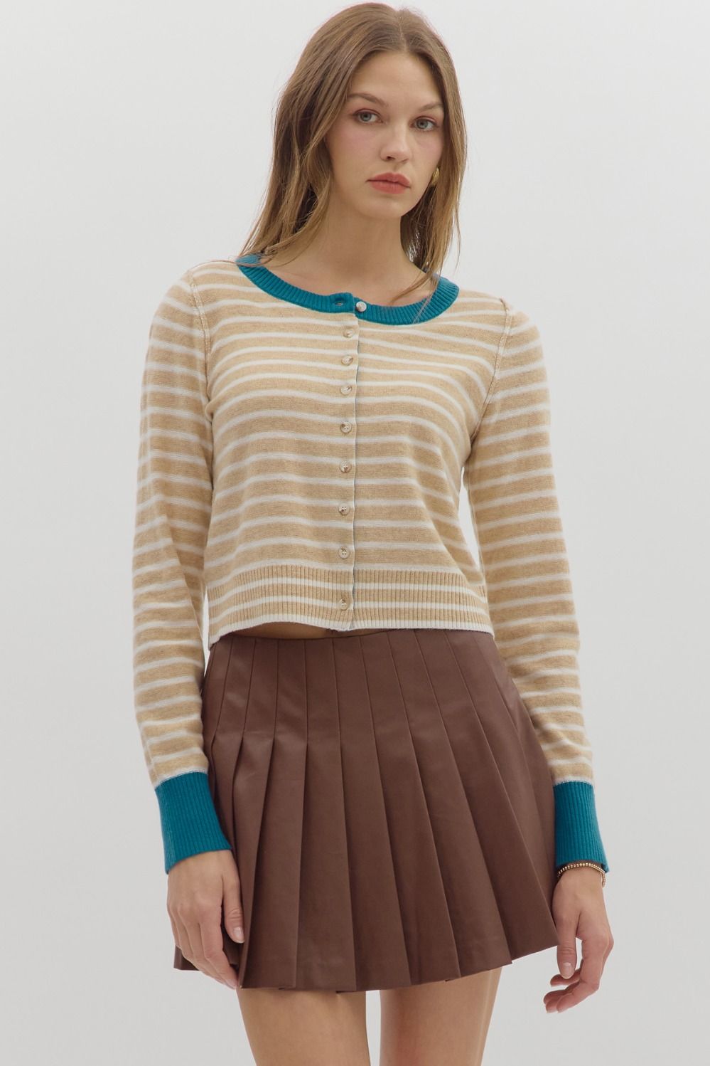 Entro Striped Pattern Long Sleeve Fitted Cardigan