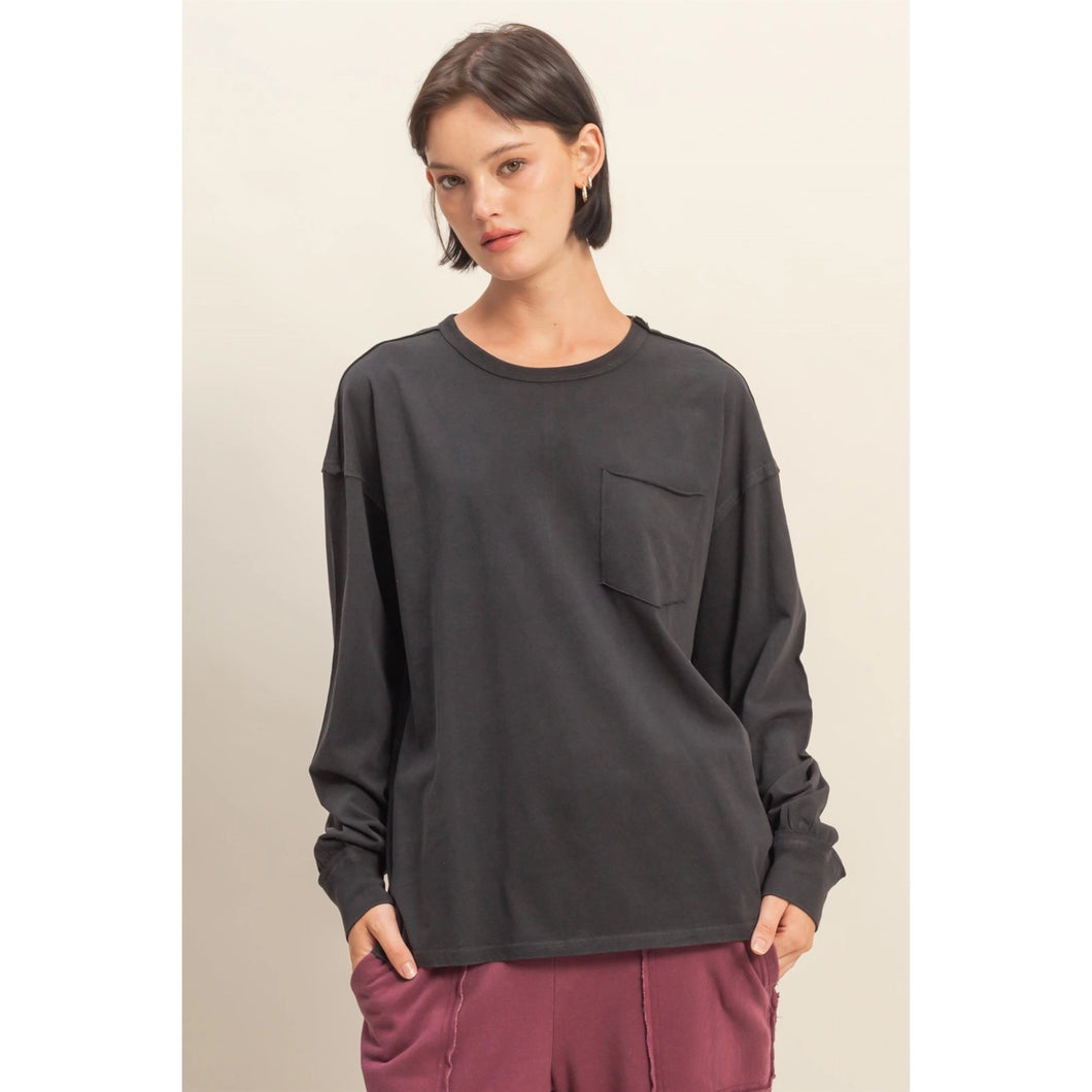 Hyfve Oversized Washed Long Sleeve Pocket Tee