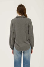 Load image into Gallery viewer, Blu Pepper Pinstripe Collared Half Button Knit Top Charcoal
