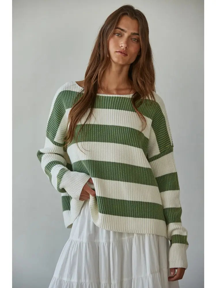 By Together Knit Sweater Striped Cotton Boat Neck Long Sleeve