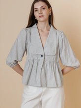 Load image into Gallery viewer, A &amp; She Plaid 3/4 Sleeve Peplum Blouse – Sailor Collar Button Top
