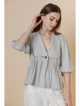 Load image into Gallery viewer, A &amp; She Plaid 3/4 Sleeve Peplum Blouse – Sailor Collar Button Top
