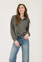 Load image into Gallery viewer, Blu Pepper Pinstripe Collared Half Button Knit Top Charcoal
