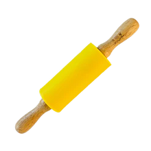 Load image into Gallery viewer, THE DOUGH HOUSE SILICONE ROLLING PIN WITH WOODEN HANDLE IN YELLOW
