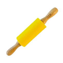 THE DOUGH HOUSE SILICONE ROLLING PIN WITH WOODEN HANDLE IN YELLOW
