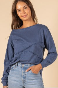 SUNDAY MORNING PATCHWORK DETAIL LONG SLEEVE TOP VINTAGE NAVY