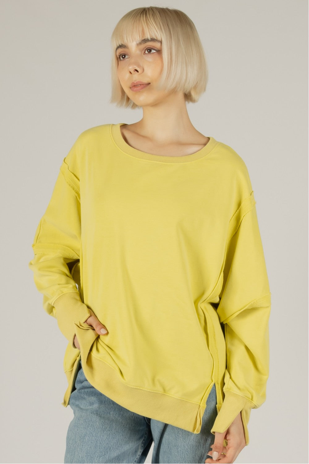 BEFORE YOU COLLECTION FRENCH TERRY WASHED CONTRAST RIBBED TRIM LONG SLEEVE