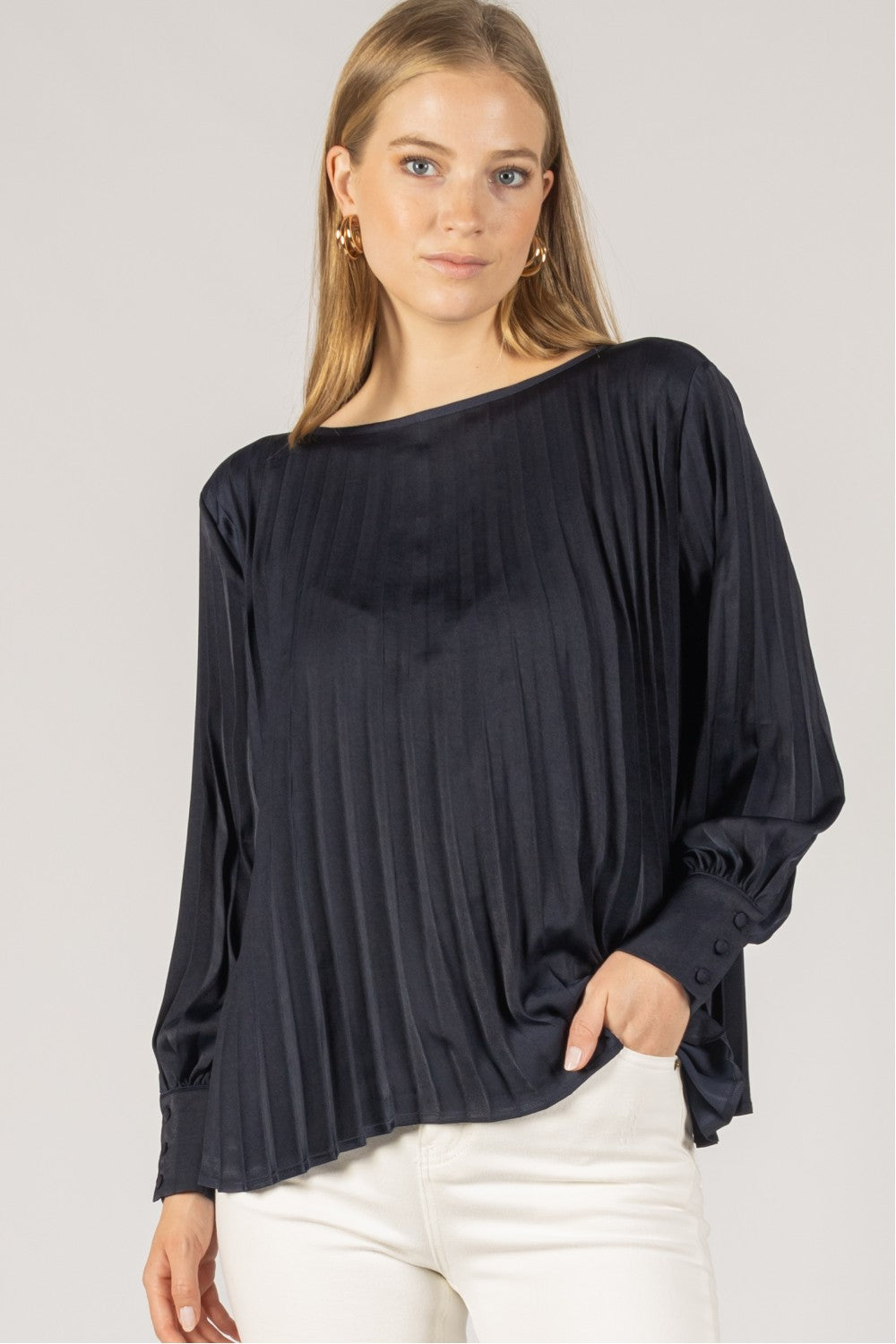 BEFORE YOU COLLECTION SATIN PLEATED LONG SLEEVE BLOUSE