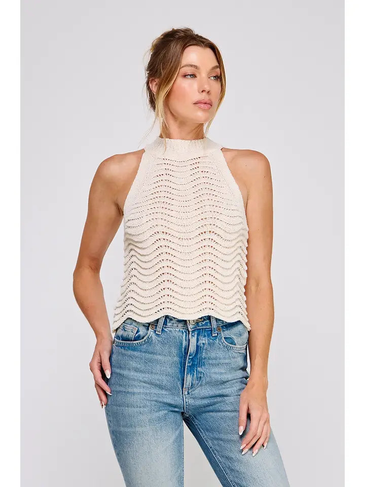 ALLIE ROSE WAVY AND SCALLOP PATTERN KNIT HALTER TANK