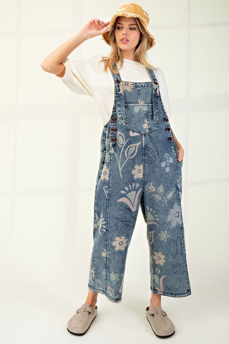 EASEL FLORAL PRINT WASHED DENIM JUMPSUIT PANTS