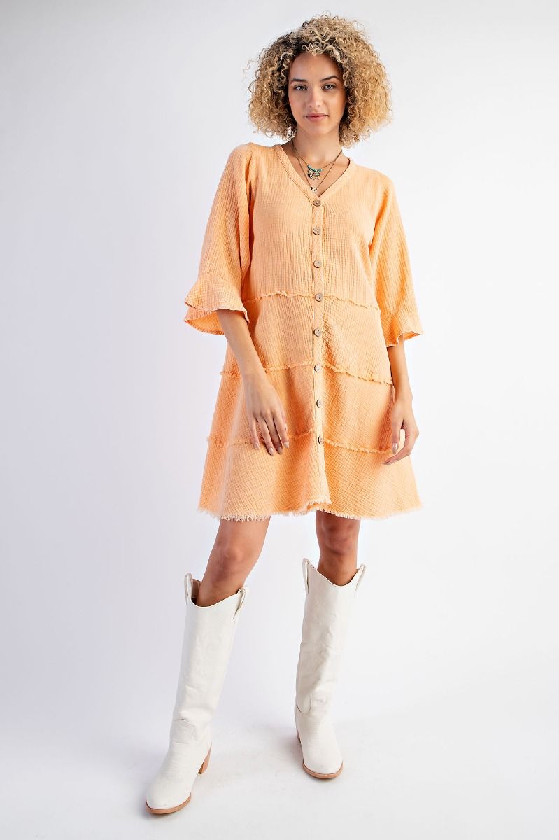 EASEL MINERAL WASHED COTTON GAUZE BUTTON DOWN TIERED DRESS