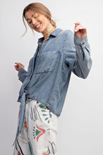 Load image into Gallery viewer, EASEL LONG SLEEVE WASHED DENIM CROP SILHOUETTE SHIRT TOP
