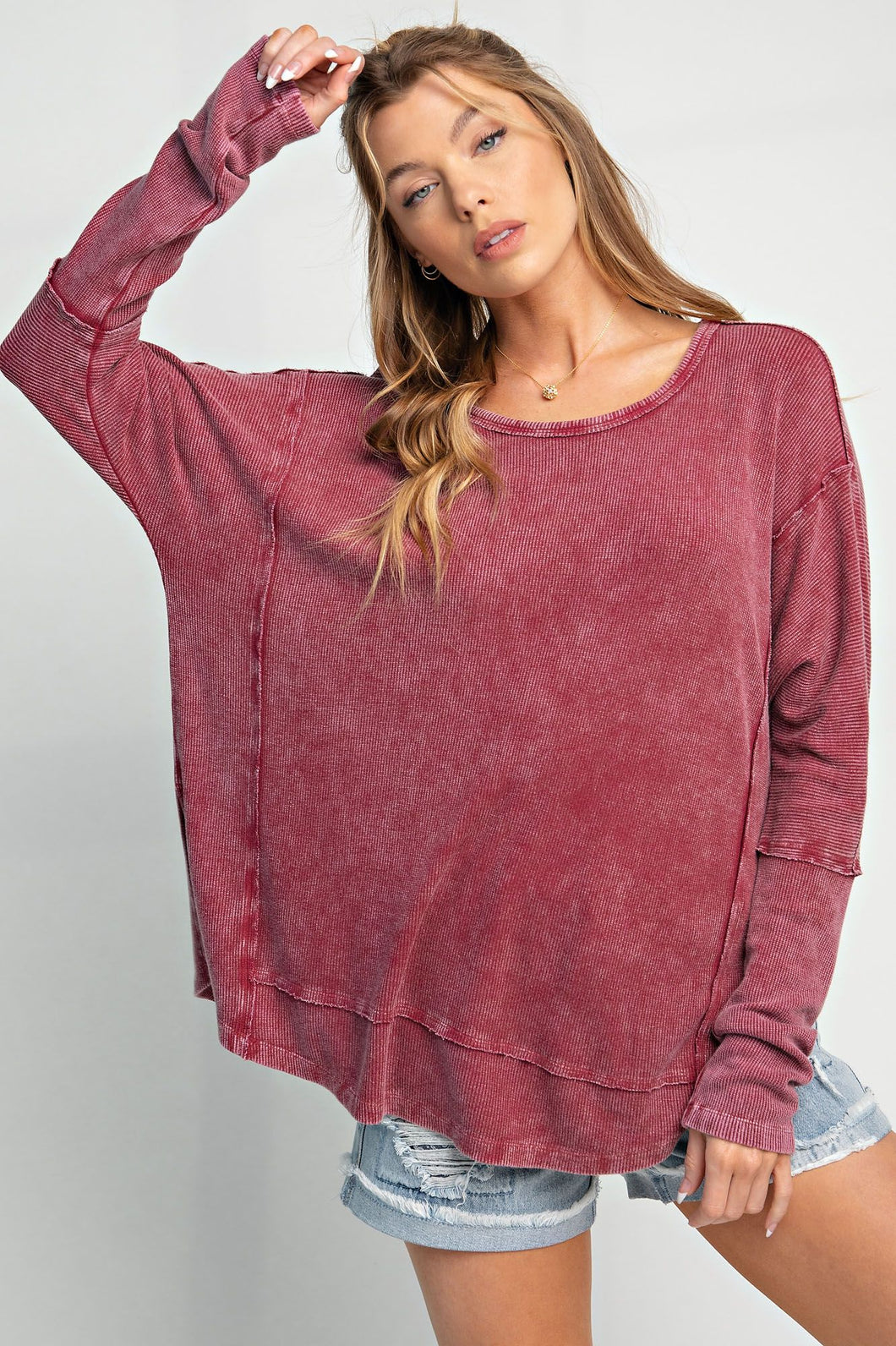EASEL MINERAL WASHED THERMAL RIB KNIT TOP