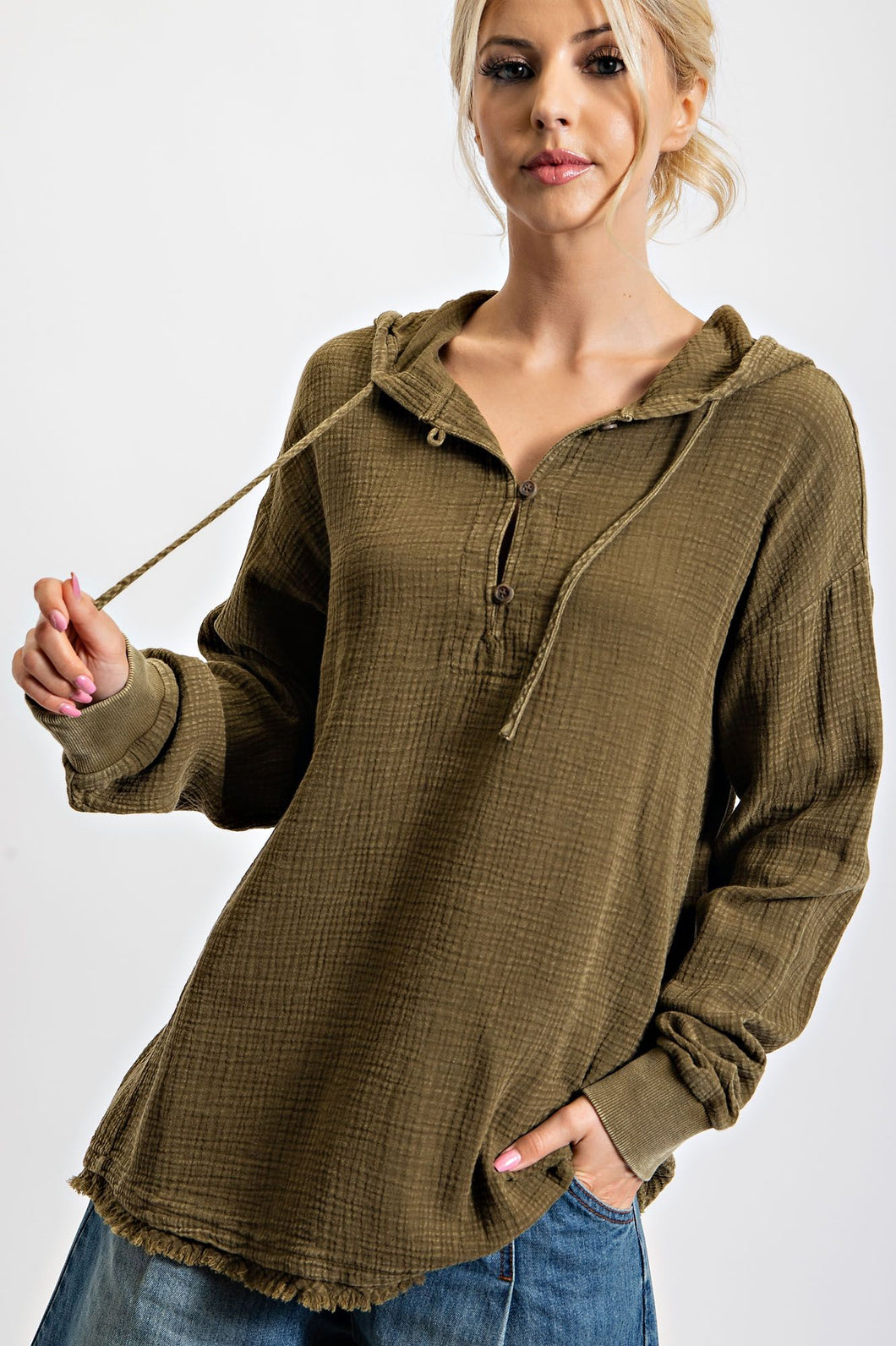 EASEL WASHED COTTON GAUZE PULLOVER HOODIE OLIVE