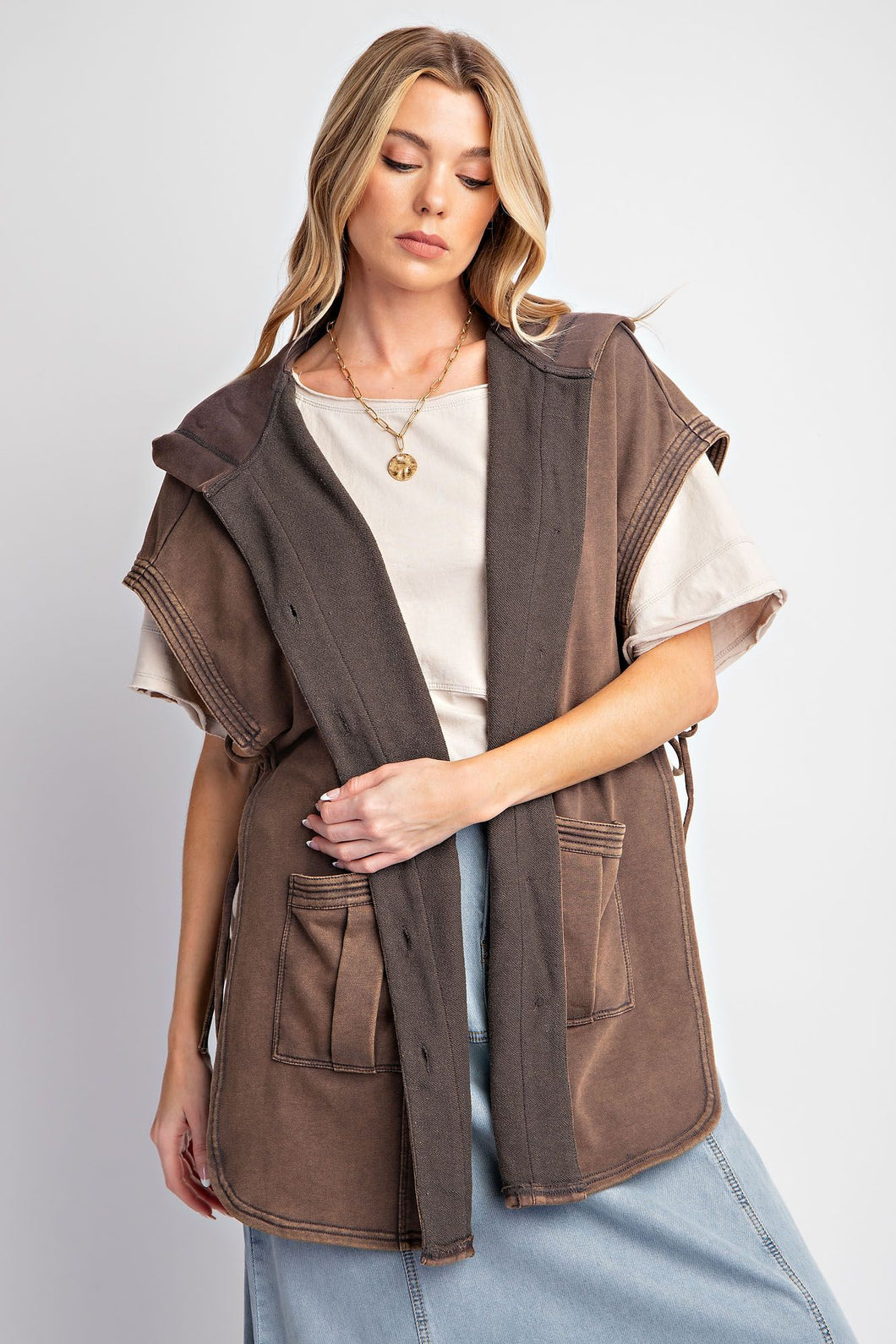 EASEL MINERAL WASHED TERRY KNIT HOODED VEST