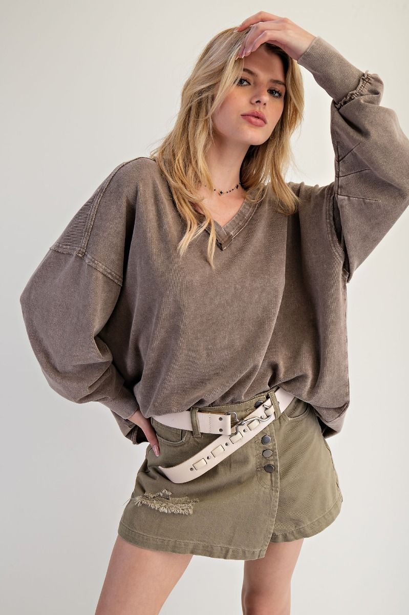 EASEL DEEP V NECK WASHED TERRY PULLOVER