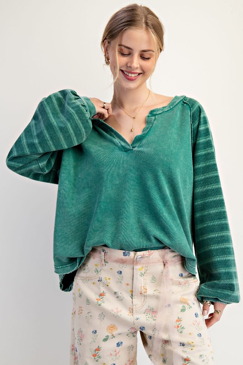 EASEL STRIPED LONG SLEEVE WASHED TERRY PULLOVER