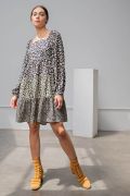 EASEL ANIMAL/LEOPARD PRINTED 3/4 SLEEVE TIERED DRESS BLACK
