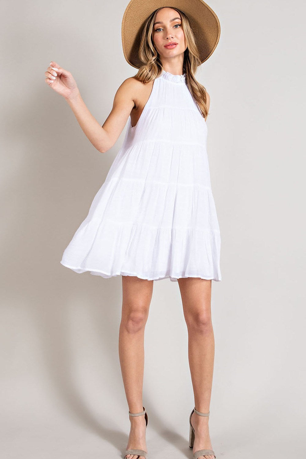 EE:SOME OFF WHITE TIERED SLEEVELESS MINI DRESS