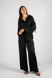 BEFORE YOU COLLECTION SATIN WIDE LEG SHIRRED WAIST PANTS BLACK