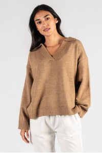 BEFORE YOU COLLECTION COLLARED RIBBED KNIT V NECK SWEATER CAMEL