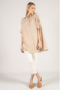 BEFORE YOU COLLECTION OVERSIZED GAUZE BUTTON UP TUNIC SAND