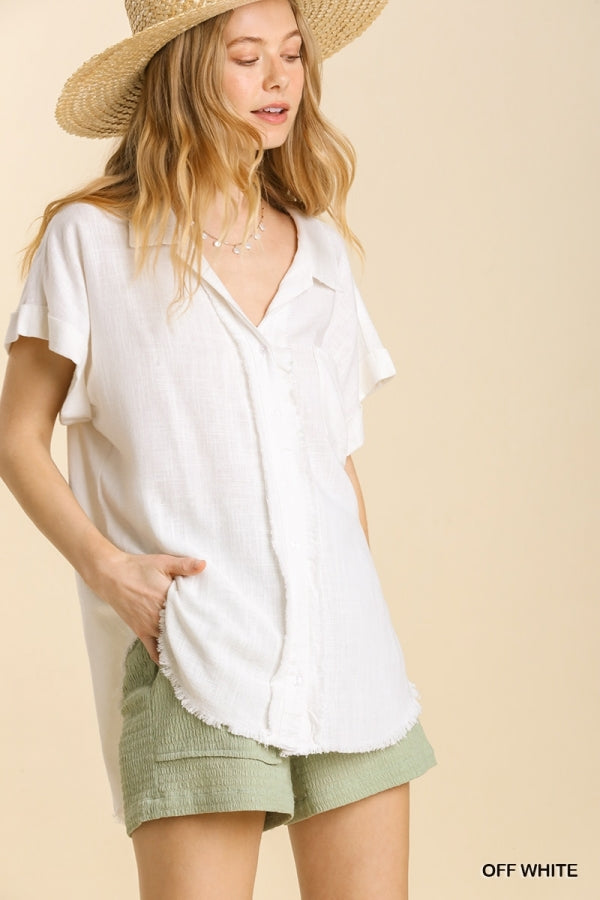 UMGEE LINEN BLEND COLLAR BUTTON DOWN S/S FRAYED EDGE OFF WHITE