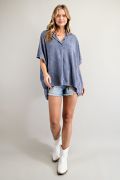 EASEL MINERAL WASHED LOOSE FIT TOP IN DENIM BLUE