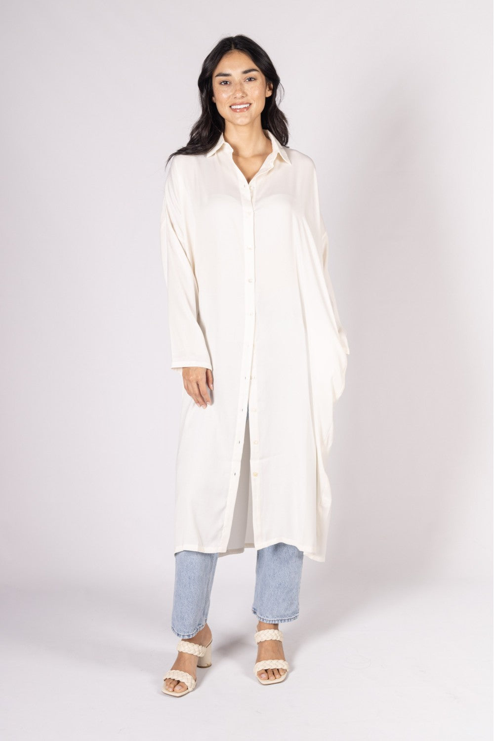 BEFORE YOU COLLECTION SOFT SATIN OVERSIZED BUTTON UP SHIRT DRESS